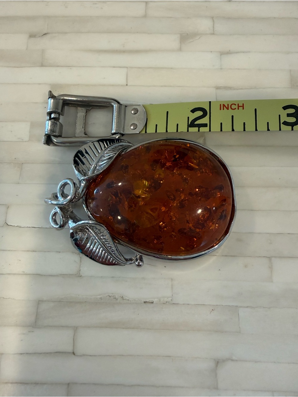 925 Sterling Chain with Amber Color Teardrop Leaf Pendant Necklace - Orange - Picture 5 of 5